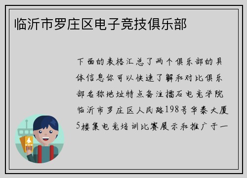 临沂市罗庄区电子竞技俱乐部